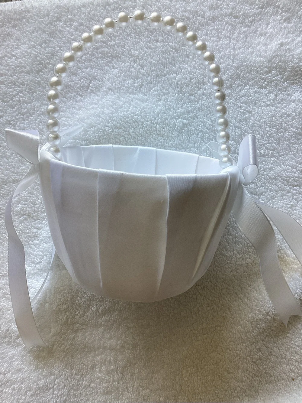 Classic White Satin Flower Girl Basket with Pearl Handle